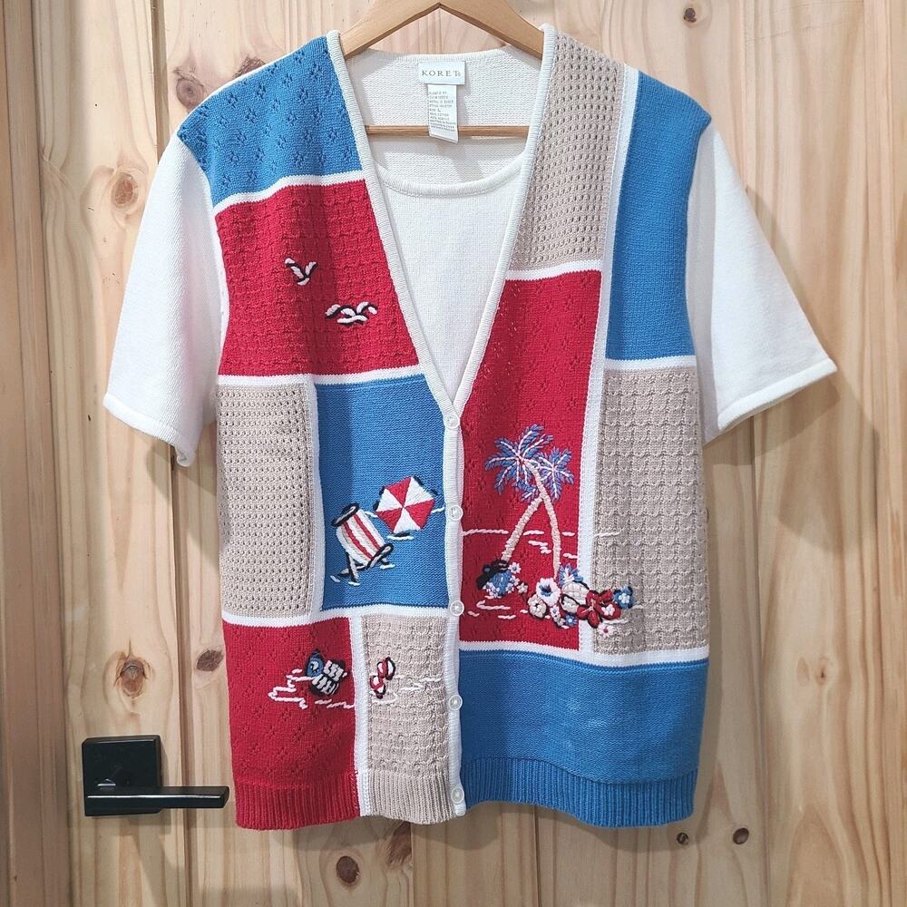 Koret Coastal Grandma Short Sleeve Sweater Patriotic Embroidered Beach Size L